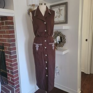 Vintage Nipon Collection Brown Sleeveless Embroidered Pencil Dress